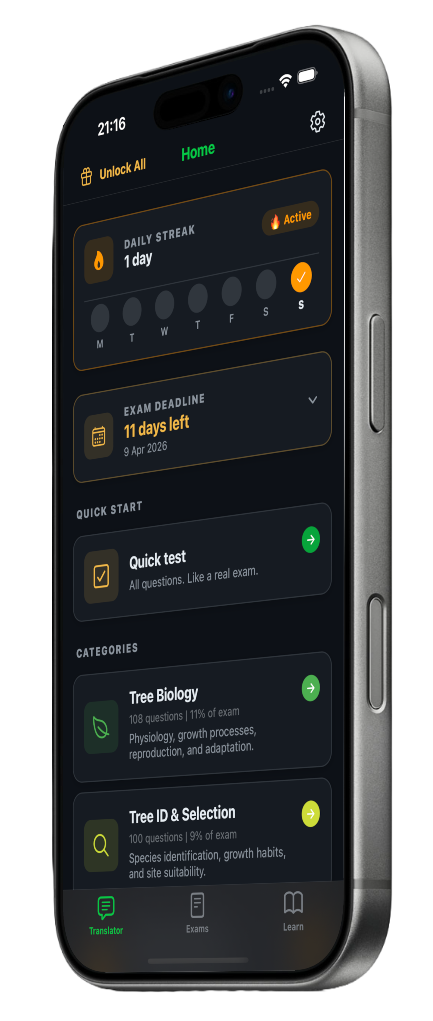 PassArborist home screen showing a daily streak, exam countdown, a quick test and the Tree Biology and Tree ID quiz categories